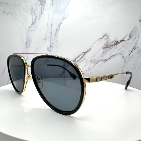 New Burberry Sunglasses Polarized Gold Black Check Arms Aviator Pilot Metal - Picture 13 of 16